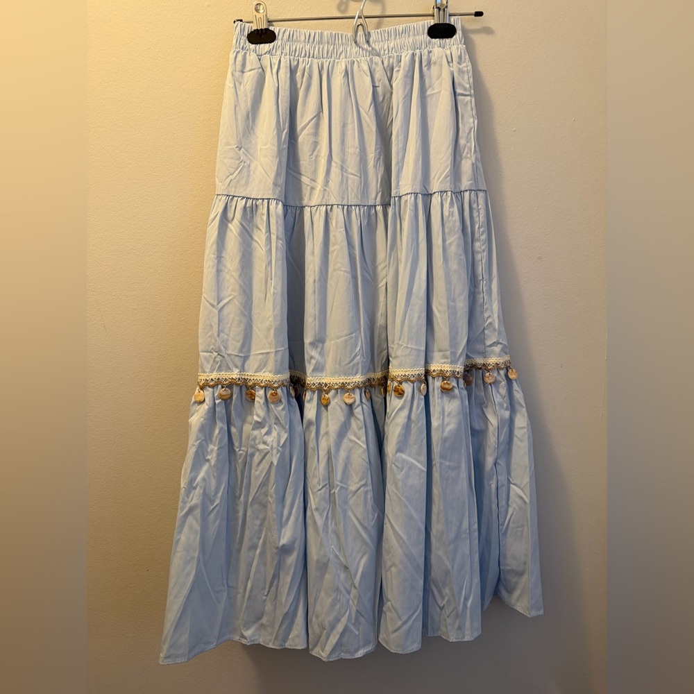 Elegant Blue Tiered Skirt with Lace Trim
